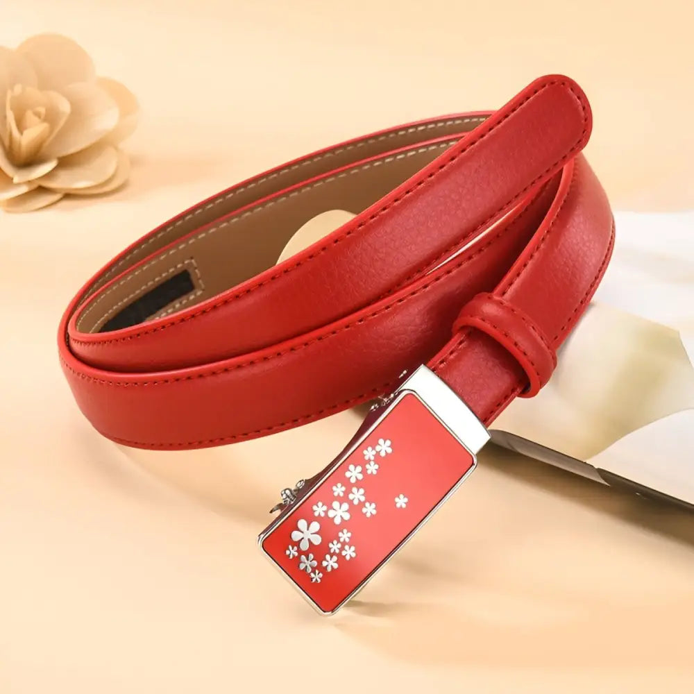 Red leather belt with floral buckle from Mila Model Automatic Leather Belts collection