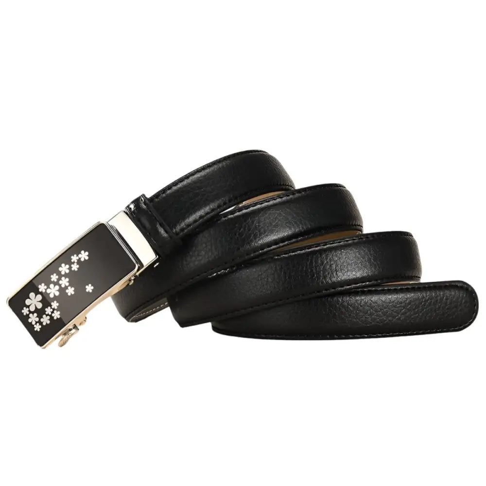 Black leather belt with floral buckle from Mila Model Automatic Leather Belts Collection