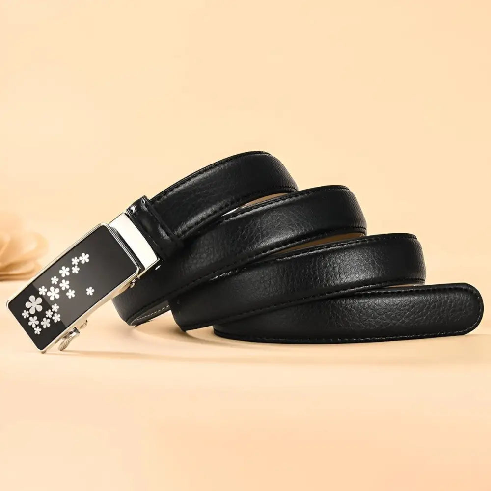 Black leather belt with floral buckle from Mila Model Automatic Leather Belts Collection