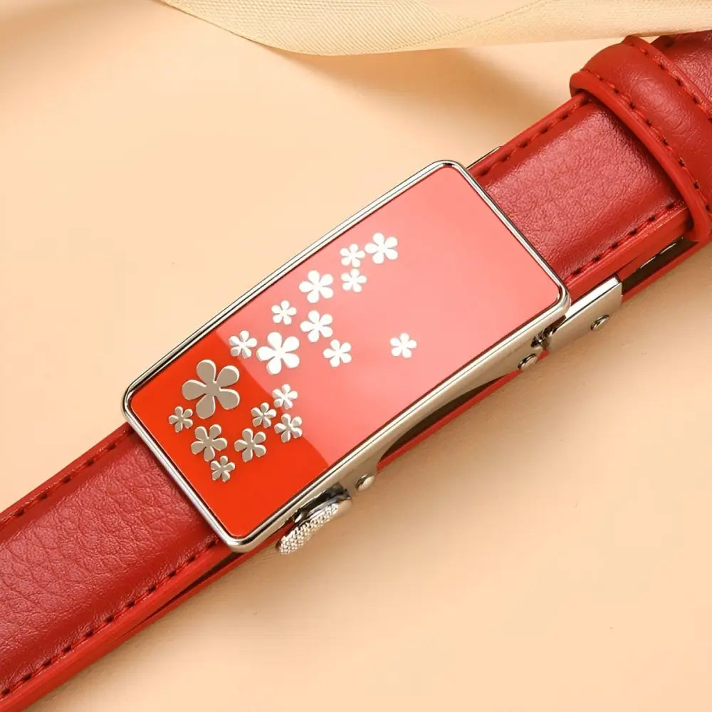 Red leather belt with floral buckle from Mila Model Automatic Leather Belts Collection