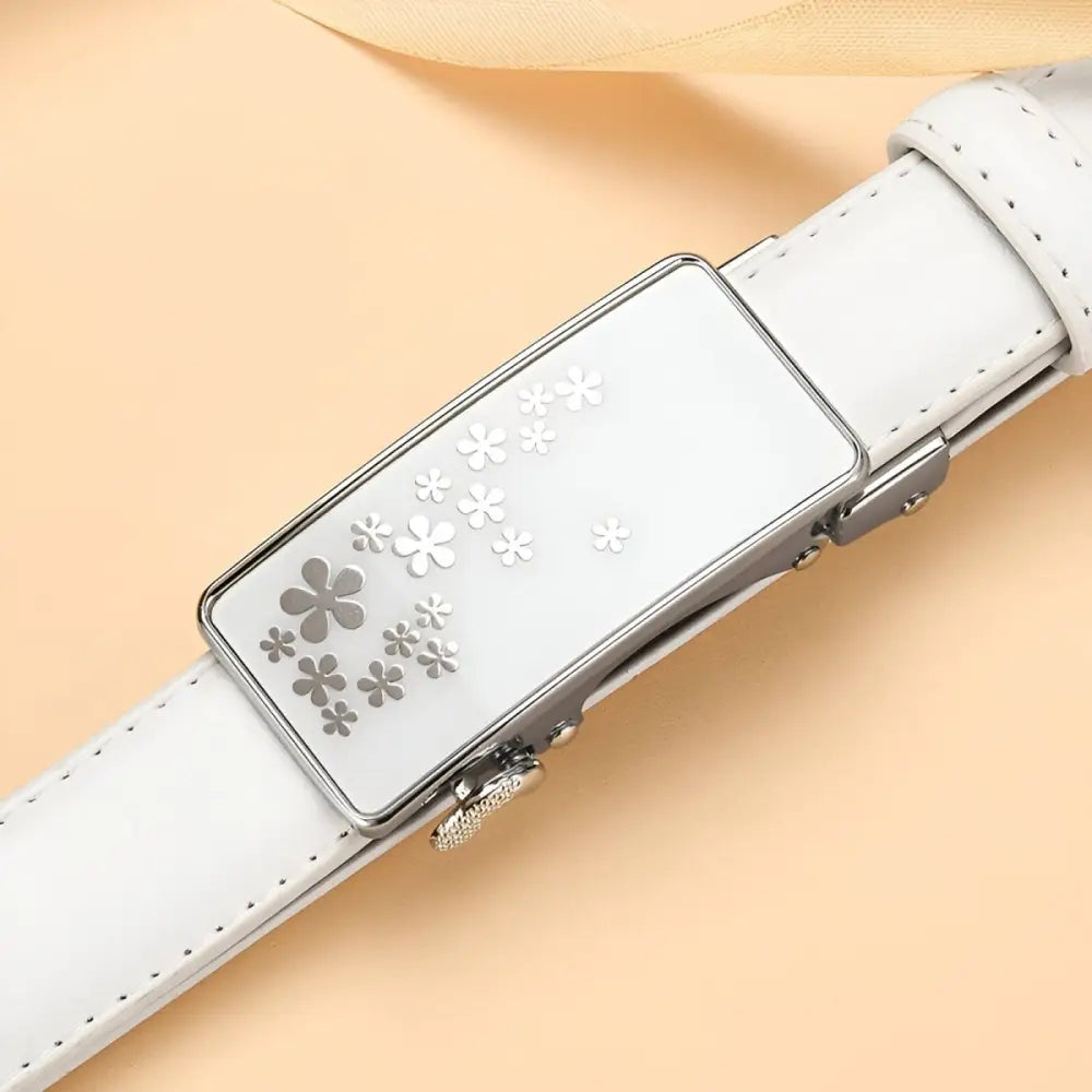 White leather belt with floral buckle from Mila Model Automatic Leather Belts Collection