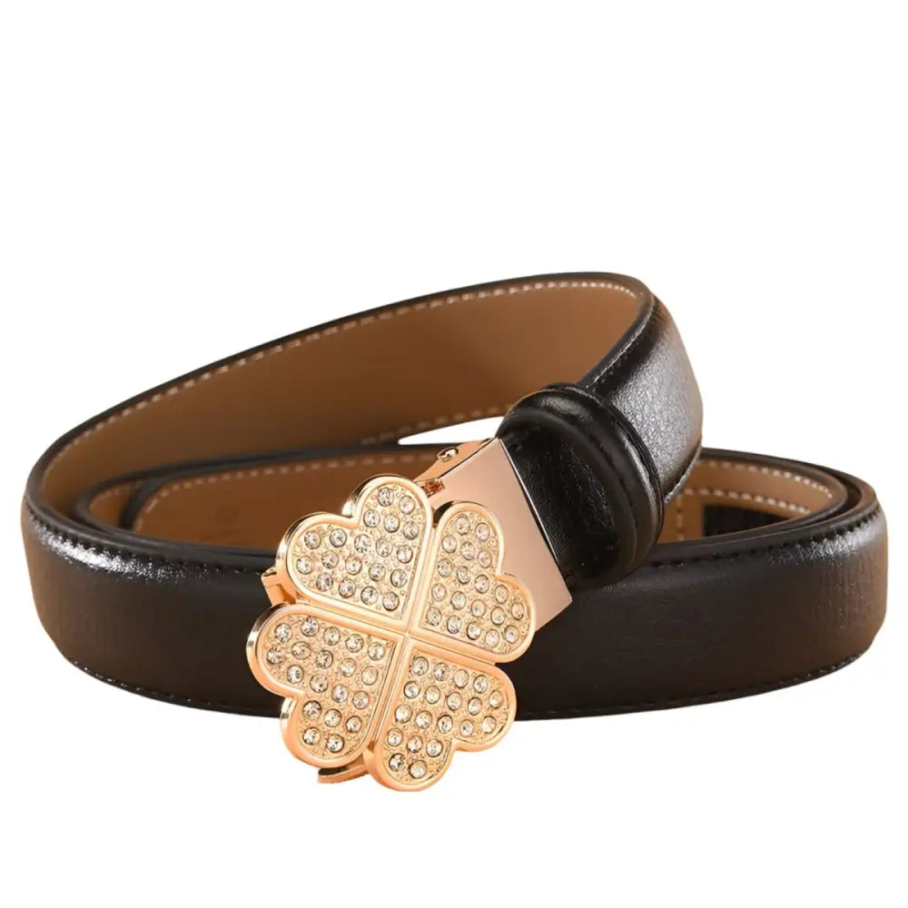 Selina Leather Belt featuring a black strap and clover-shaped rhinestone buckle