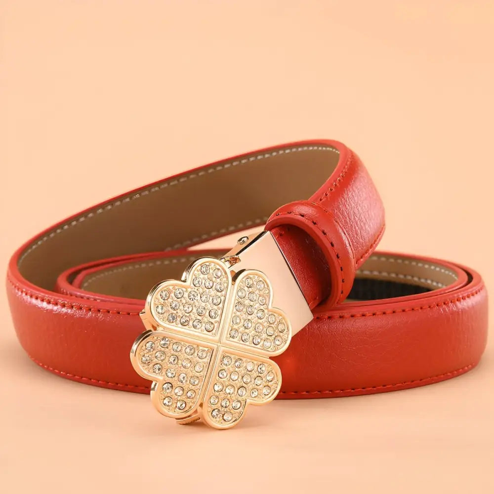 Red leather belt with rhinestone clover buckle from Selina Leather Belt collection