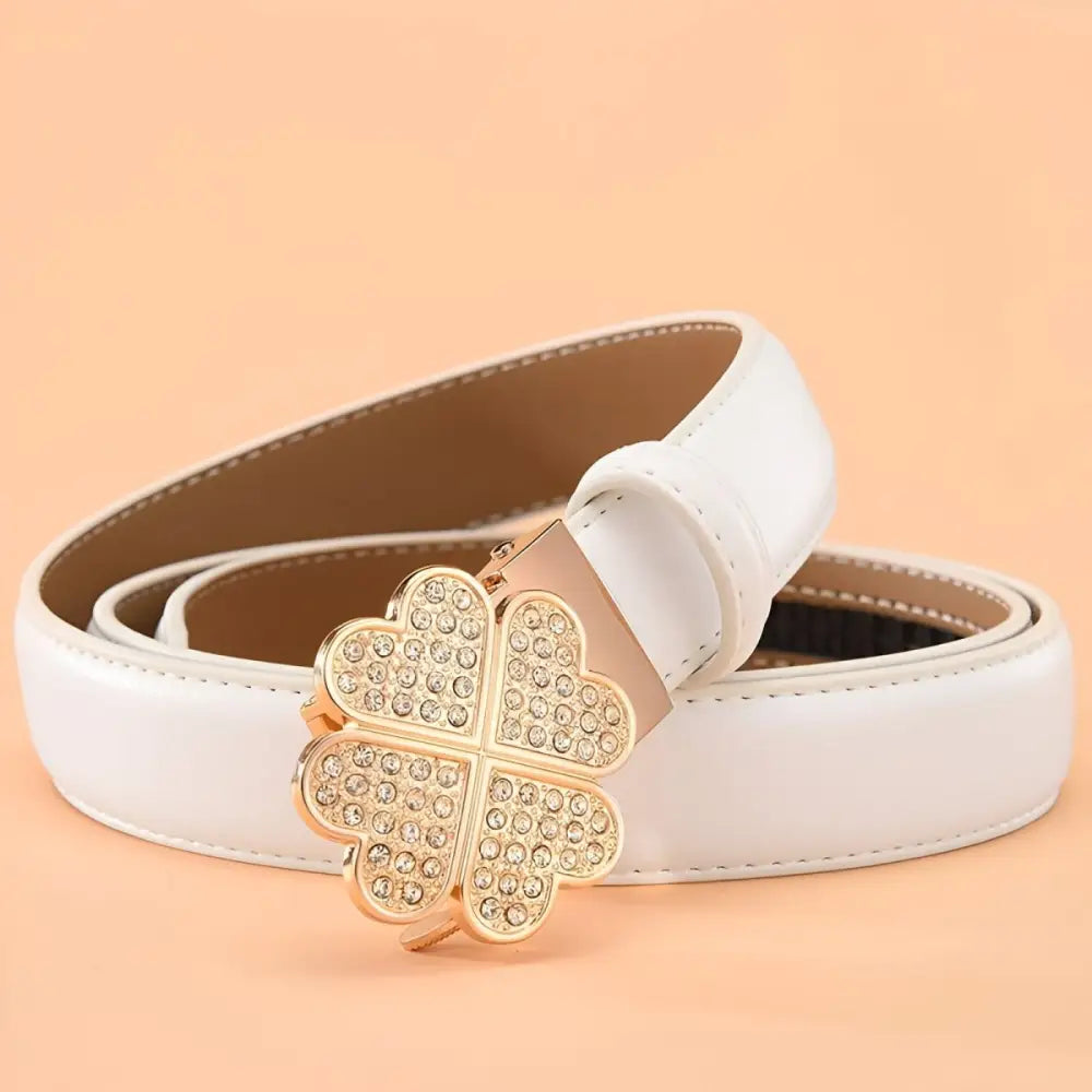 White belt with clover buckle from Selina Leather Belt for elegant style