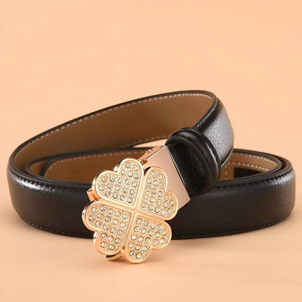 Selina Leather Belt with Rhinestone Clover Buckle for Elegant Style
