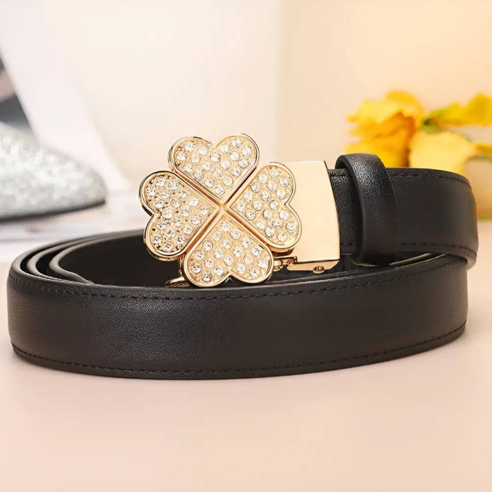 Selina Leather Belt with Rhinestone Clover Buckle for Elegant Style