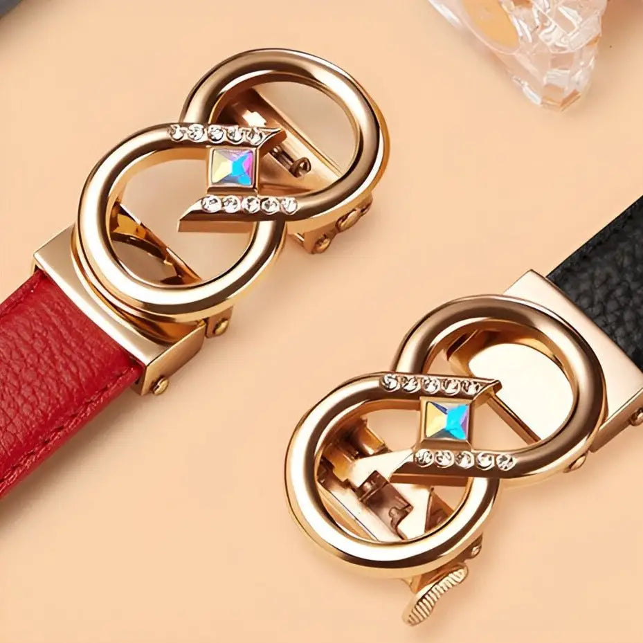 Gold interlocking circle belt buckles with rhinestones from Set of Leather Belts with Gold Buckles and Rhinestone Accents