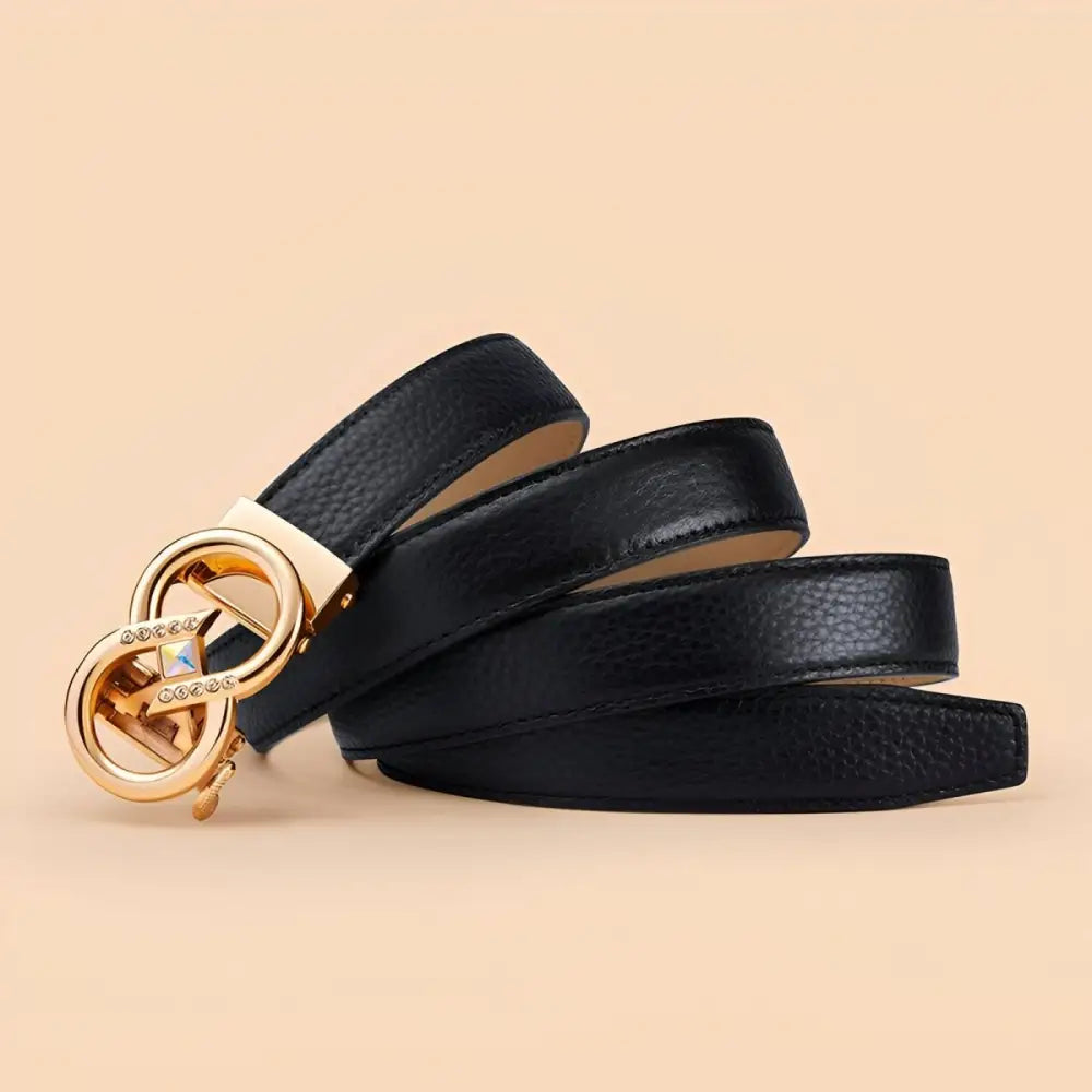 Black leather belt with a gold buckle from Set of Leather Belts with Gold Buckles and Rhinestone Accents