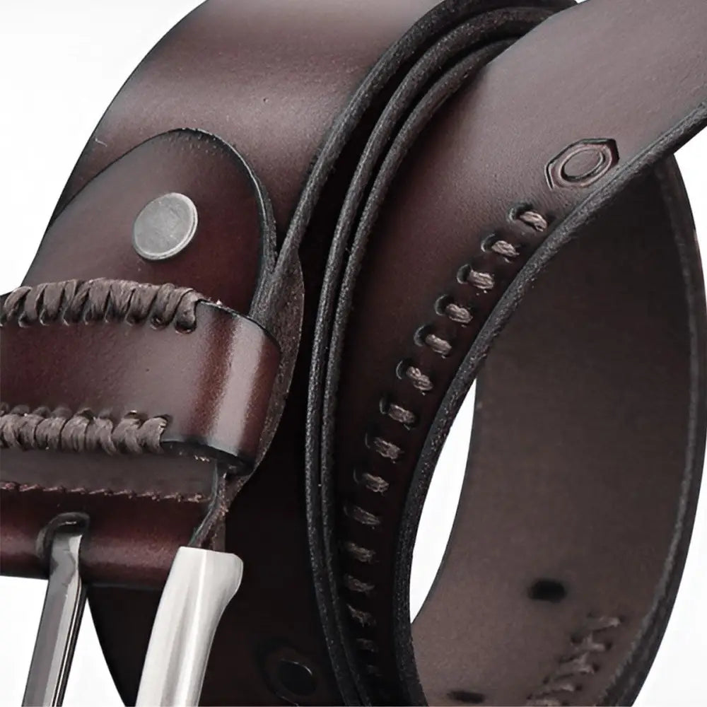 Emilio Men’s Leather Belt with Silver Buckle displaying a brown leather men’s belt
