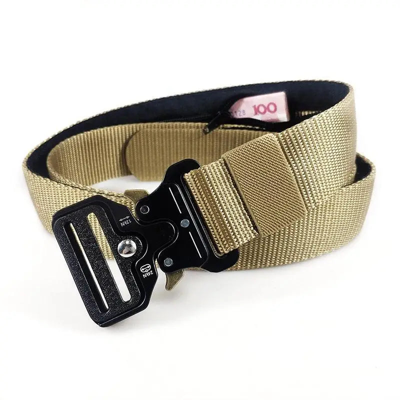 Tan tactical belt with durable black metal buckle for outdoor and tactical use