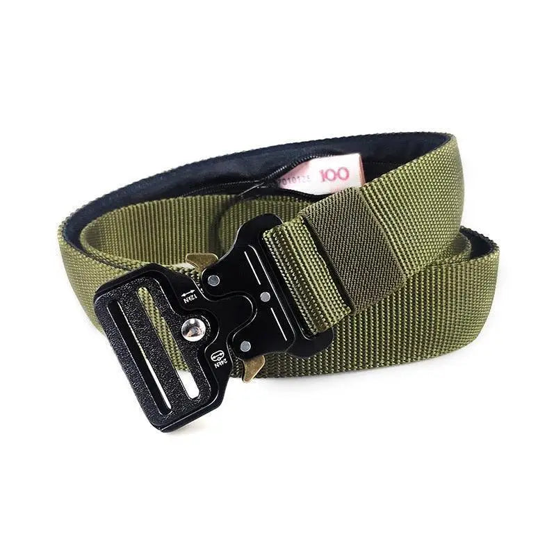 Olive green tactical belt with black metal buckle displayed in product shot