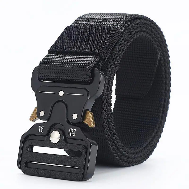 Tan tactical belt with black metal buckle for durability and secure fit
