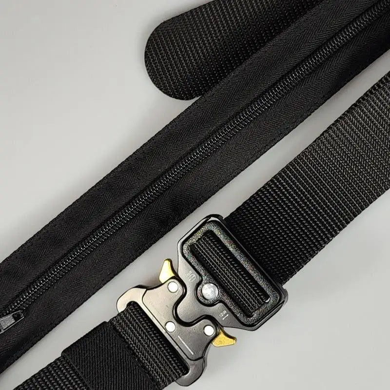 Tan tactical belt featuring a black metal buckle and durable zipper for secure fastening
