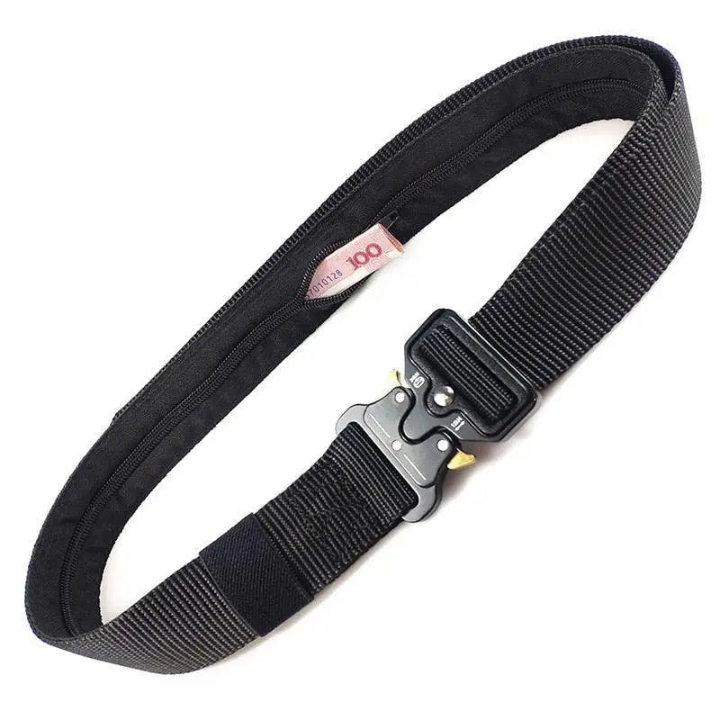 Black tactical belt with hidden zipper and black metal buckle for enhanced durability
