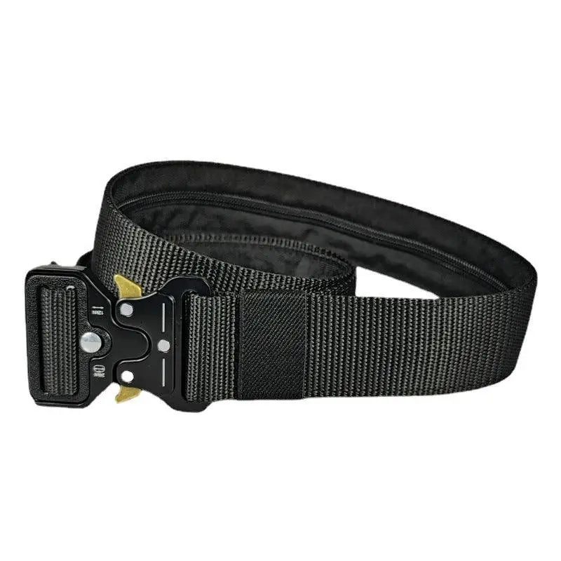 Tan Tactical Belt with Black Metal Buckle displayed, sturdy and suitable for tactical use