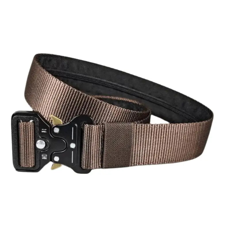 Brown tactical belt with black metal buckle for military and outdoor use