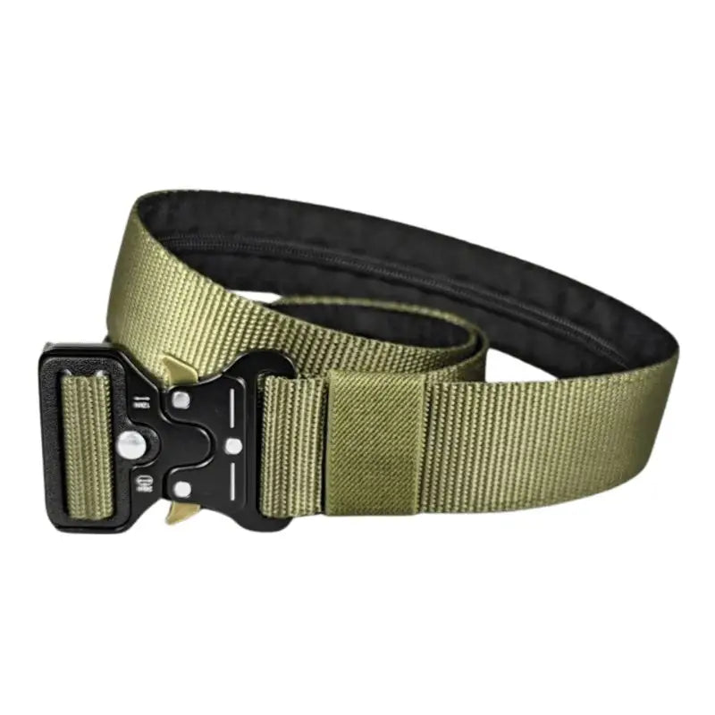 Olive green tactical belt with black metal buckle displayed in Tan Tactical Belt product image