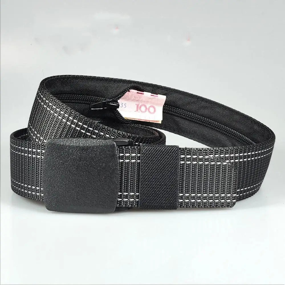 Black money belt featuring Erekle Nylon Belt with hidden zipper and black white stripes