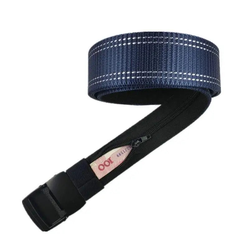 Navy blue Erekle Nylon Belt with Hidden Zipper and Black White Stripes for secure storage