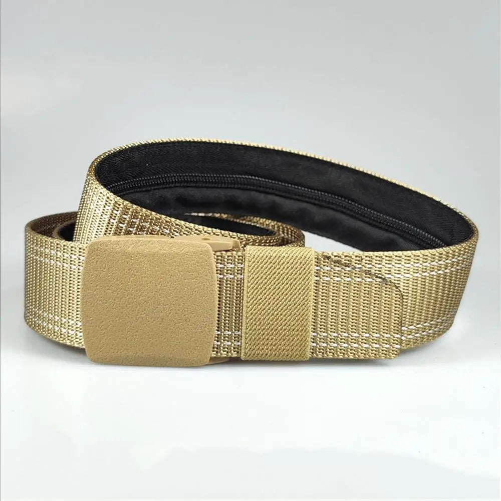 Khaki-colored Erekle nylon belt with hidden zipper and black white stripes