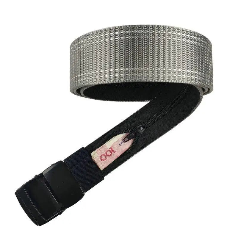 Gray Erekle Nylon Belt with Hidden Zipper and Black White Stripes