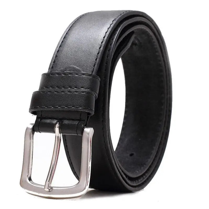 Black faux leather belt with silver buckle for travel experience and personal style