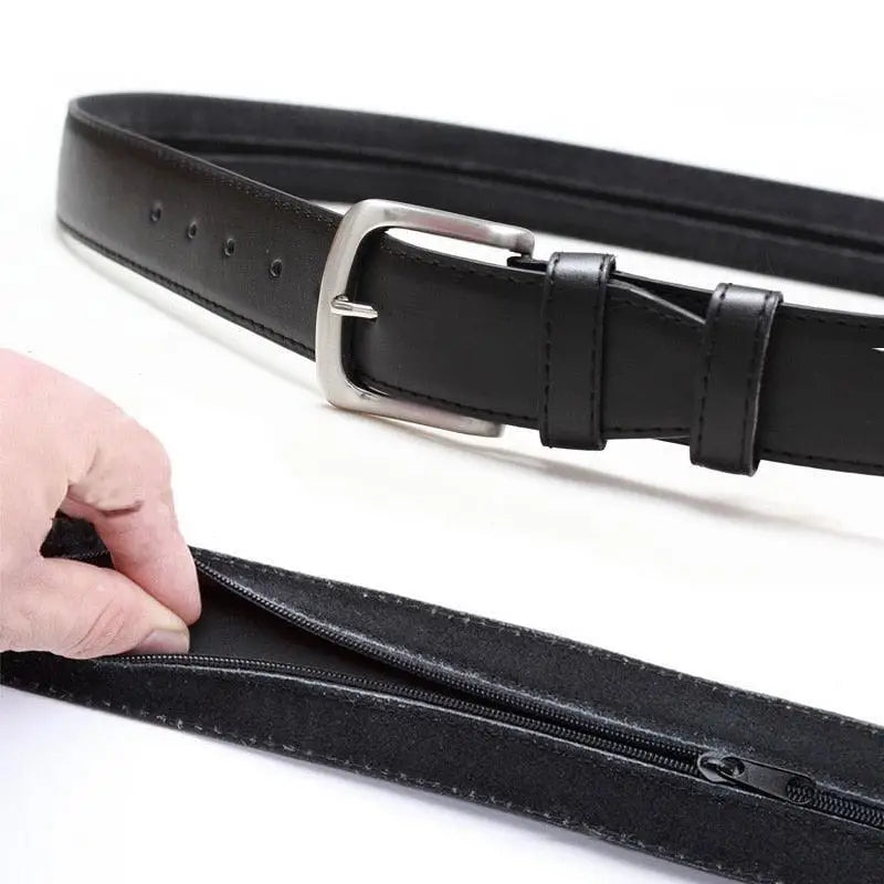 Black faux leather belt with hidden zipper and ticket holder for travel and style