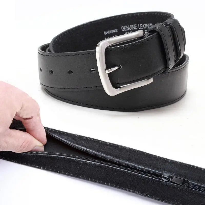 Black faux leather belt with hidden zipper and silver buckle, ideal for travel experience