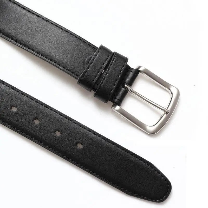 Black faux leather belt with silver buckle ideal for travel and personal style use