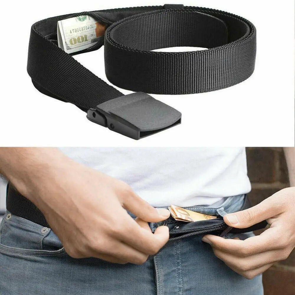Black metal-free money belt with hidden pocket and black buckle for secure cash storage