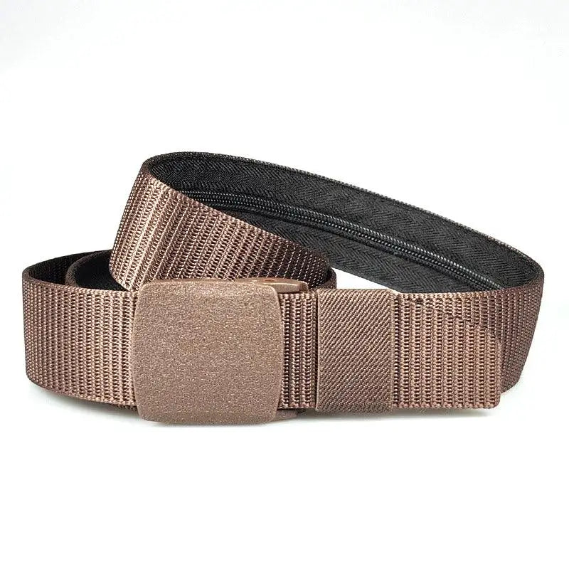 Brown nylon metal-free money belt with hidden pocket and plastic buckle for secure travel