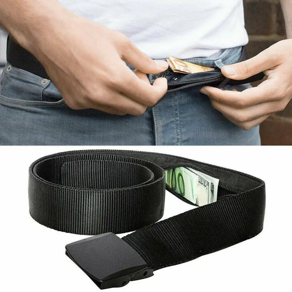 Black metal-free money belt with hidden pocket and black belt buckle for secure storage