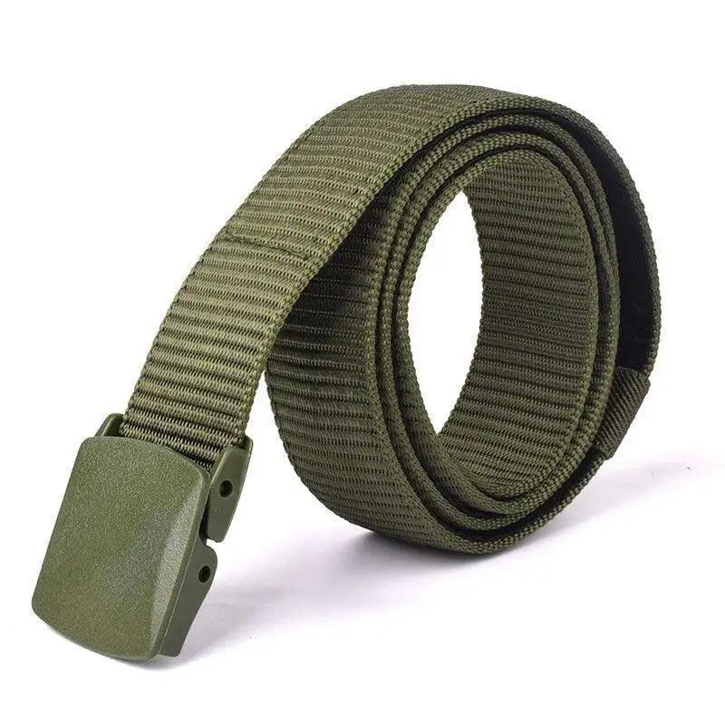Olive green nylon metal-free money belt with hidden pocket and black buckle