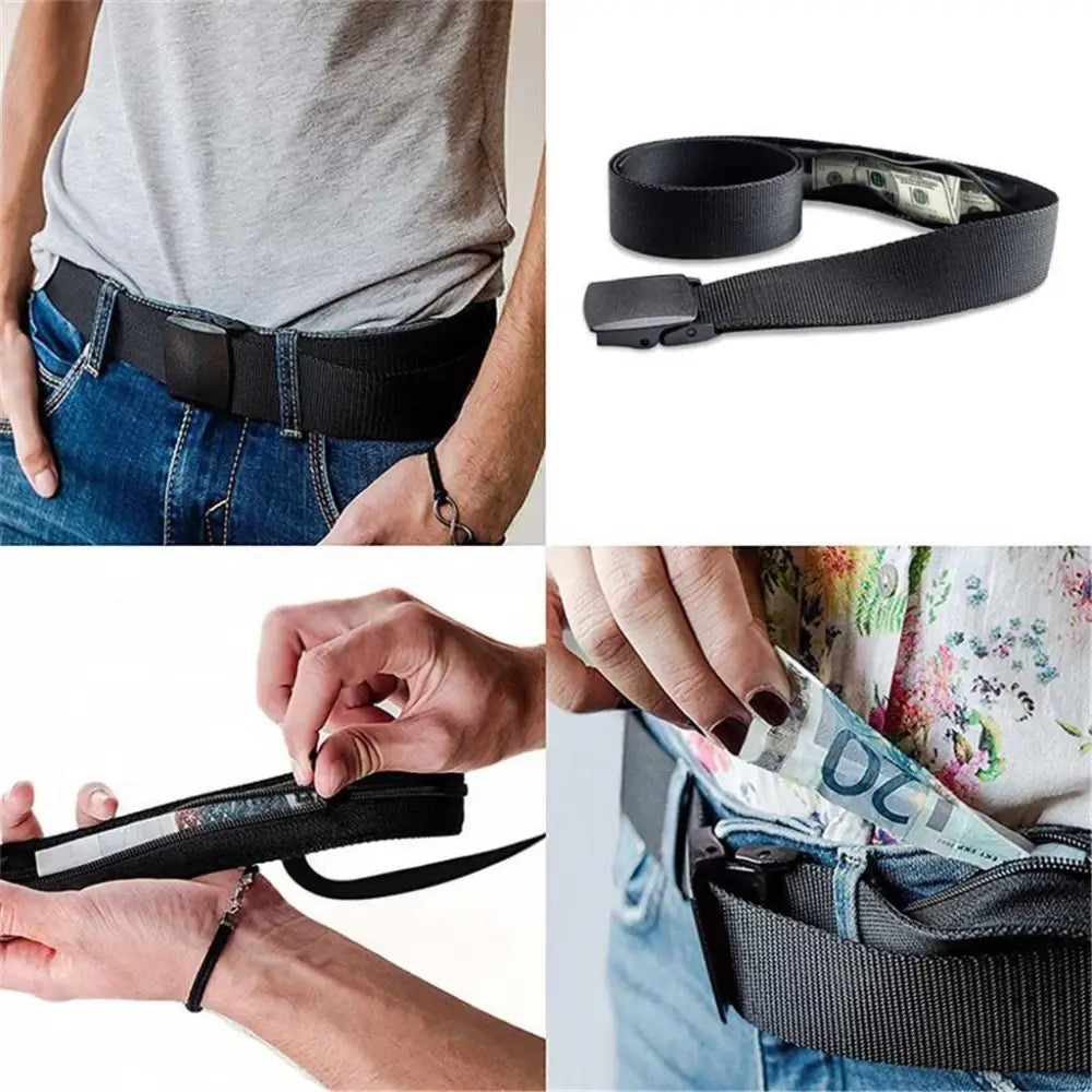 Black metal-free money belt with hidden pocket and black belt buckle for secure storage