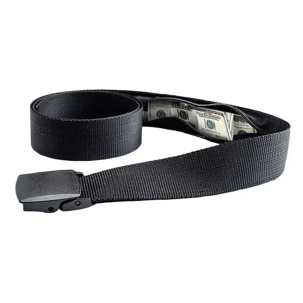 Black metal-free money belt with hidden pocket and black belt buckle for secure money storage