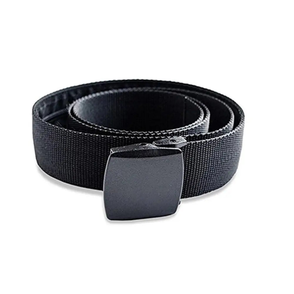 Black nylon metal-free money belt with square buckle and hidden pocket for secure storage