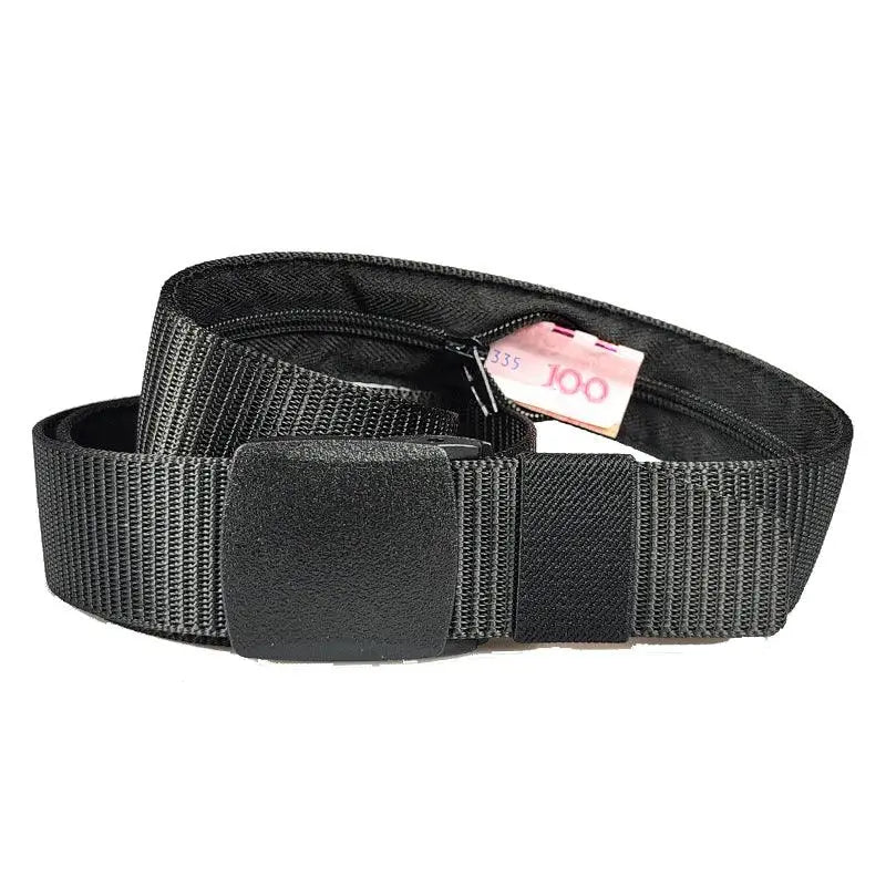 Black nylon metal-free money belt with hidden pocket and black belt buckle