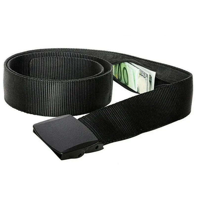 Black metal-free money belt with hidden cash pocket and secure black belt buckle