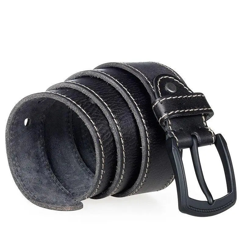 Abram Leather black leather belt with white stitching and black buckle for men and women
