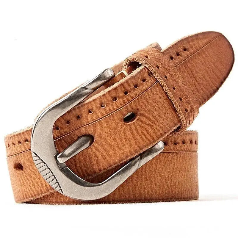 Brown leather belt with silver buckle displayed with Ripped Blue Jeans