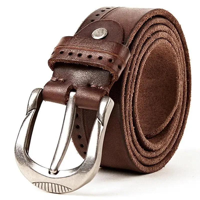 Brown leather belt with silver buckle paired with Ripped Blue Jeans in the product image