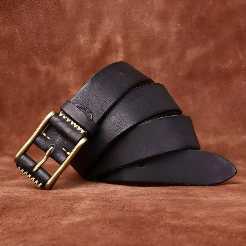 Alt text for Erico Model Black Leather Belt with Brass Buckle featuring high-quality leather