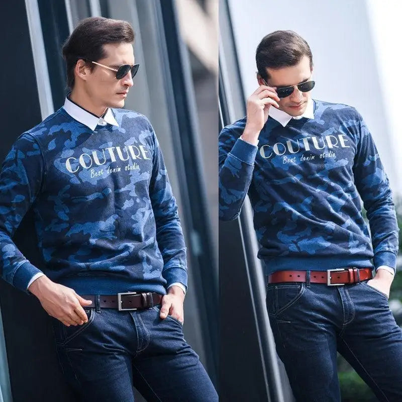 Men’s blue camouflage sweater displayed in the Leather Belts and Blue Camouflage Sweater for Men product image