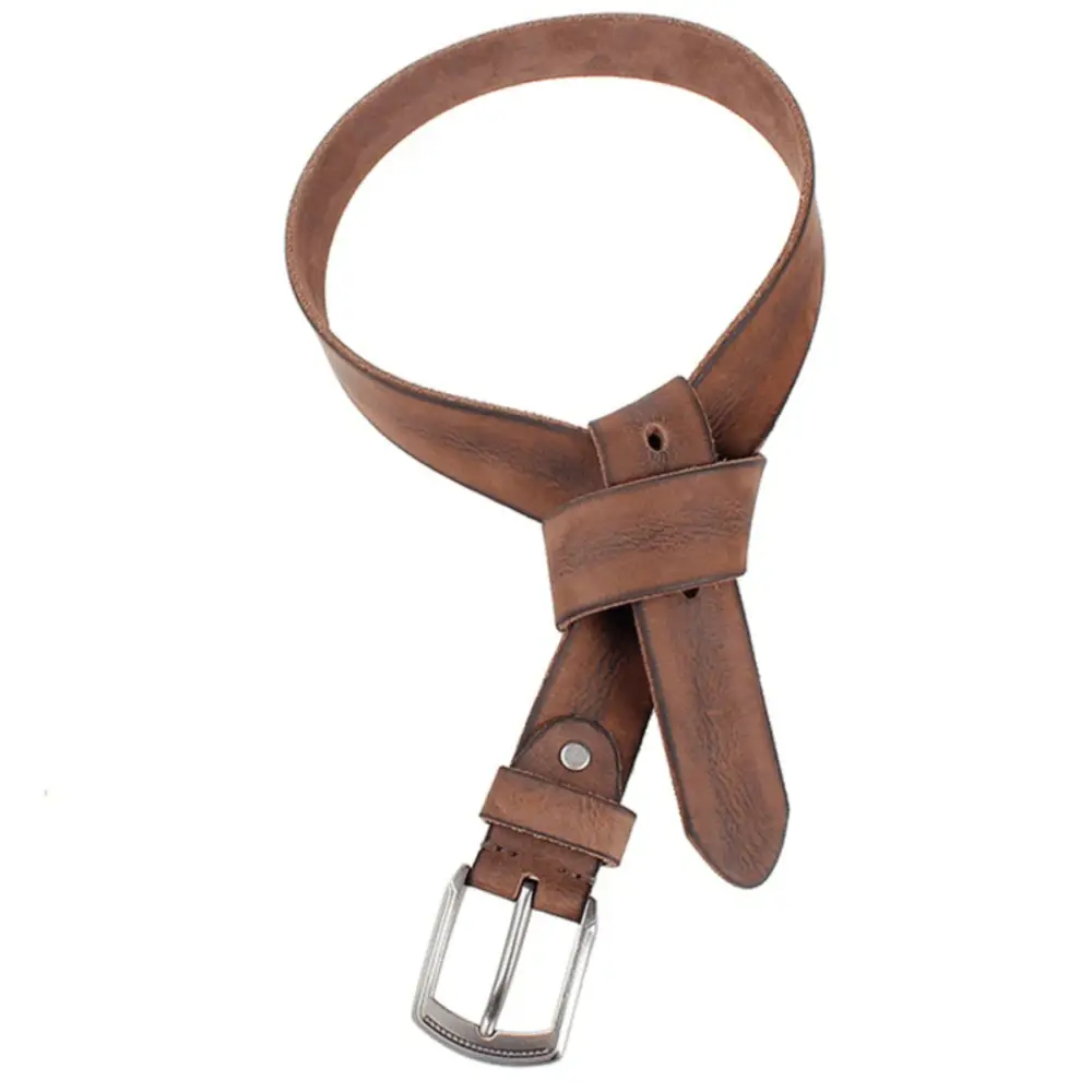 Genuine leather casual en cuir belt for men with silver buckle and brown finish