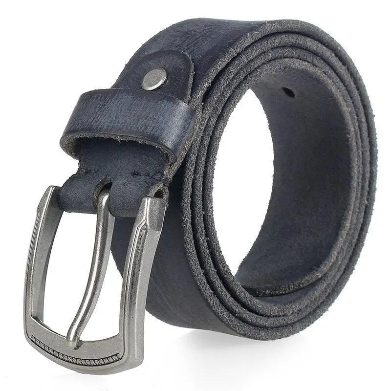 Genuine leather casual en cuir belt for men with silver buckle and rolled blue design