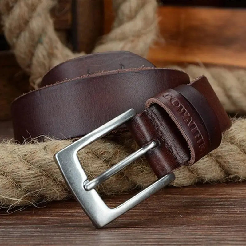 Brown leather belt with a silver buckle from Leather Belts with Silver Buckles in Brown and Black