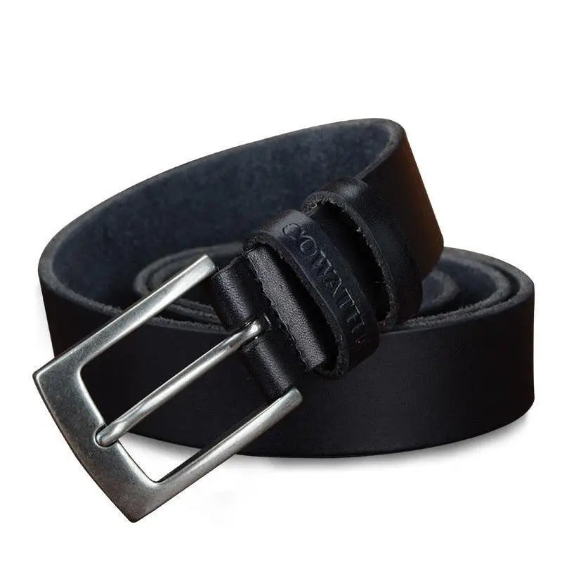 Black leather belt with a silver buckle from Leather Belts with Silver Buckles in Brown and Black