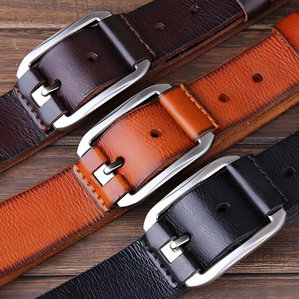 Genuine leather belts with silver buckles for everyday wear displayed together