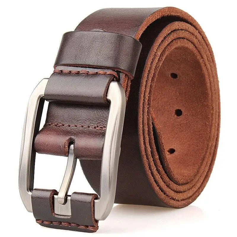 Genuine leather belt with silver buckle for everyday wear stylishly crafted in brown