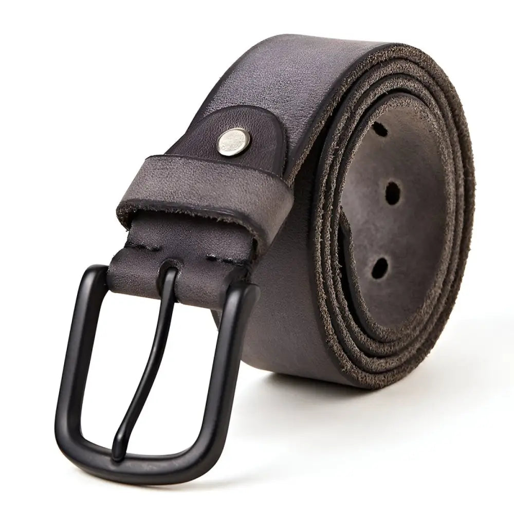 Gray full-grain leather belt with black buckle, a versatile accessory for any wardrobe